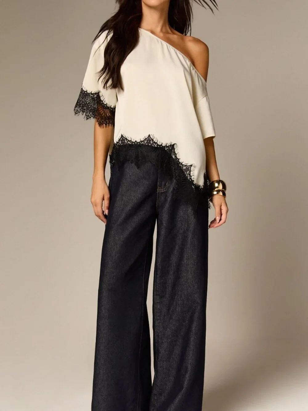 Multicolor Elegant Women's Off-Shoulder Asymmetric Lace Trim Blouse